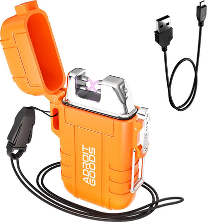 Oranje elektrische plasma aansteker met USB oplaadkabel en draagkoord in professionele stijl