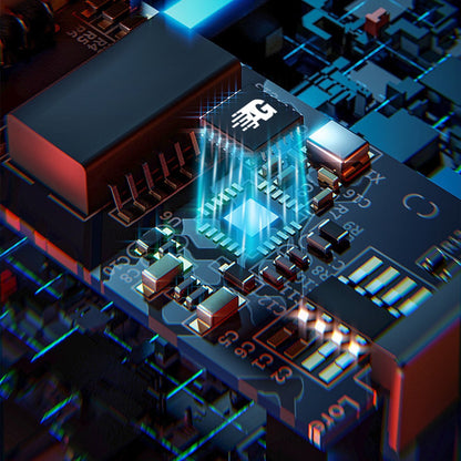 Close-up van een printplaat met een gloeiend blauw microchip en elektronische componenten