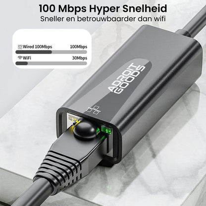 Ethernetkabel aangesloten op zwarte AdroitGoods adapter voor snelle en stabiele internetverbinding
