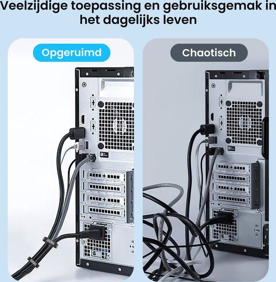 Vergelijking van een opgeruimde en chaotische kabelorganisatie achter een computerkast.