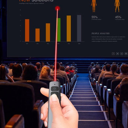 Hand die een afstandsbediening met laser aanwijzer gebruikt in een auditorium met presentatie.