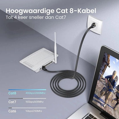 Zwarte netwerkkabel aangesloten op router en laptop voor snelle internetverbinding.