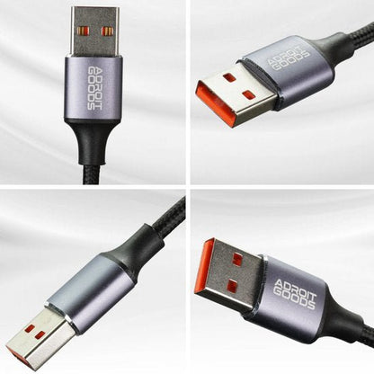 Vier beelden van een USB-kabel met AdroitGoods branding en metalen connectoren in close-up.