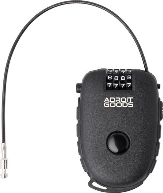 Zwart cijferslot met kabel en draaicijfers, voorzien van AdroitGoods merknaam zichtbaar