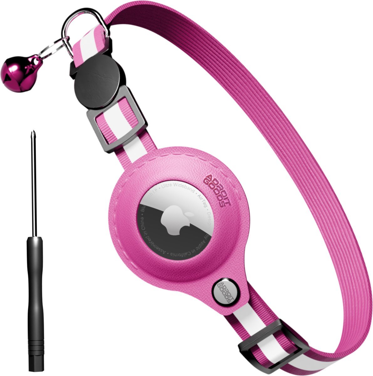 Roze verstelbare hoes met riem en bel voor Apple AirTag, samen met een klein schroevendraaierhulpmiddel