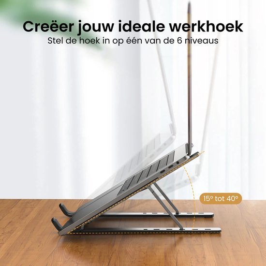 Laptophouder instelbaar tussen 15 en 40 graden voor een ergonomische werkhoek