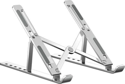 verstelbare zilverkleurige laptop standaard van metaal met antislip rubberen strips