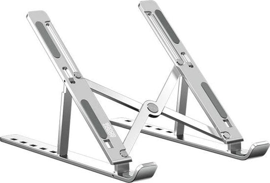 verstelbare zilverkleurige laptop standaard van metaal met antislip rubberen strips