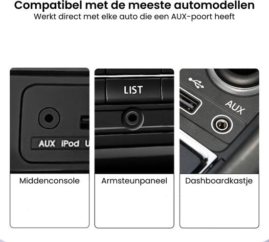 Drie close-up afbeeldingen van auto AUX-aansluitingen in verschillende interieurposities