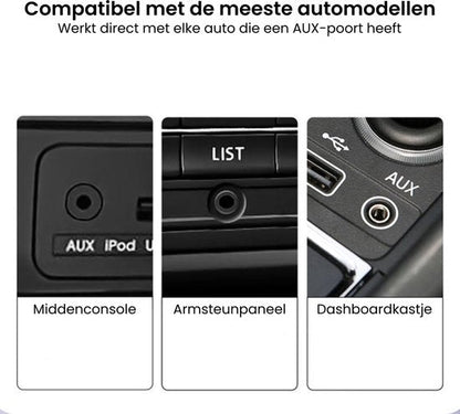 Drie close-up afbeeldingen van auto AUX-aansluitingen in verschillende interieurposities