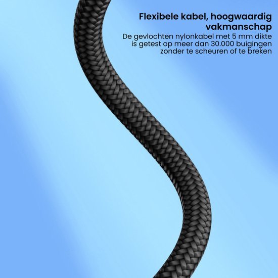 Zwarte gevlochten nylonkabel met flexibiliteit en duurzaamheid tegen slijtage en breuk.