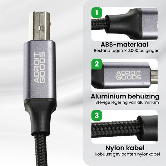 USB-kabel met ABS-materiaal, aluminium behuizing en robuuste gevlochten nylon kabel