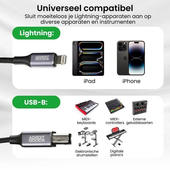 Universele kabel met lightning en USB-B connector voor iPad, iPhone en muziekinstrumenten zoals keyboards en drumstellen.