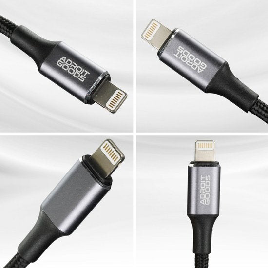 Zwart gevlochten oplaadkabel met metalen connector en AdroitGoods logo zichtbaar