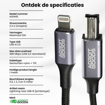 AdroitGoods kabel met lightning en USB-B connectoren en specificaties in het Nederlands