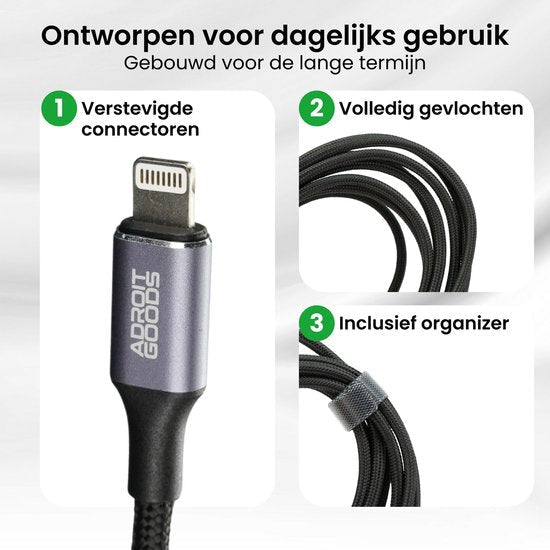 Close-up van zwarte gevlochten kabel met versterkte connector en organizerbandje
