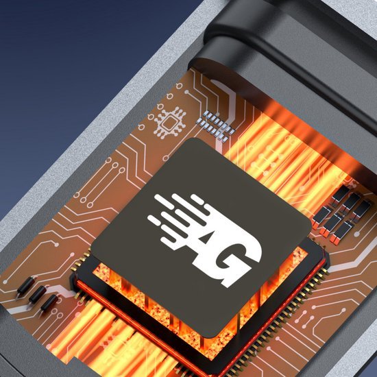 close-up van een zwart computerchip met wit AG-logo en oranje elektronica op printplaat