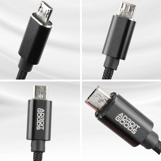 vier close-up beelden van een zwarte micro-USB-kabel met gevlochten buitenzijde en AdroitGoods logo
