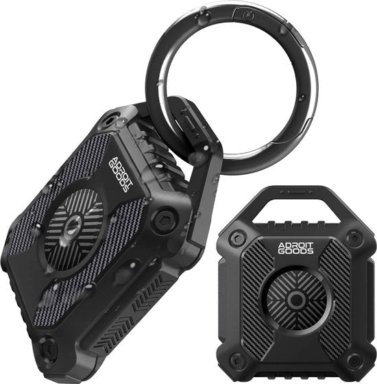 zwarte robuuste sleutelhanger met ventilator en Adroit Goods logo zichtbaar