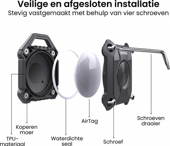 Exploded view van installatieonderdelen met AirTag, schroeven, koperen moer en waterdichte seal