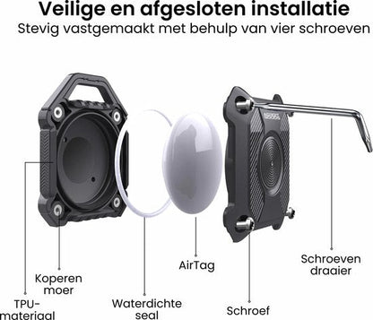 Exploded view van installatieonderdelen met AirTag, schroeven, koperen moer en waterdichte seal