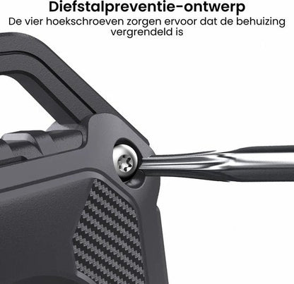 Close-up van een schroevendraaier die een beveiligde hoekschoef in een zwarte behuizing vastdraait