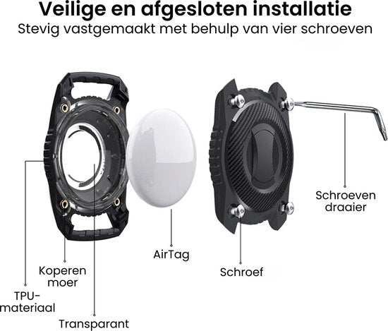 Ontmantelde zwarte behuizing met schroeven en AirTag in een veilige installatie demonstreert