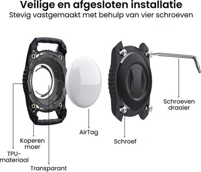 Ontmantelde zwarte behuizing met schroeven en AirTag in een veilige installatie demonstreert