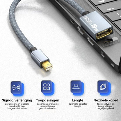 grijs gevlochten kabel met metalen connectoren aangesloten op een laptoppoort