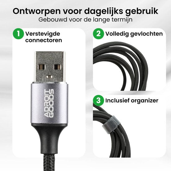 USB-kabel met versterkte connectoren, volledig gevlochten en inclusief kabelorganizer