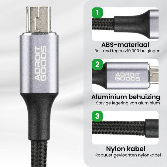 Nabijzicht van usb-kabel met aluminium behuizing, ABS-materiaal en robuuste nylondraad