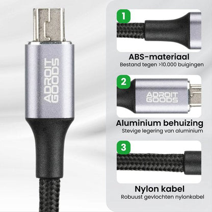 Nabijzicht van usb-kabel met aluminium behuizing, ABS-materiaal en robuuste nylondraad