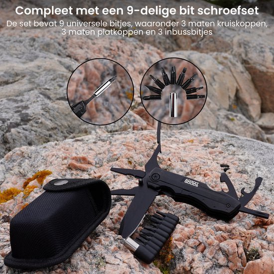 Multitool met zwart handvat, 9-delige bit set en zwarte opbergtas op rotsachtige ondergrond