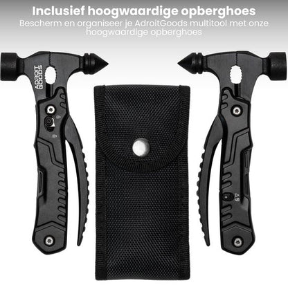 Twee zwarte multitools met hamerkop en een zwarte opberghoes met drukknop van duurzaam materiaal