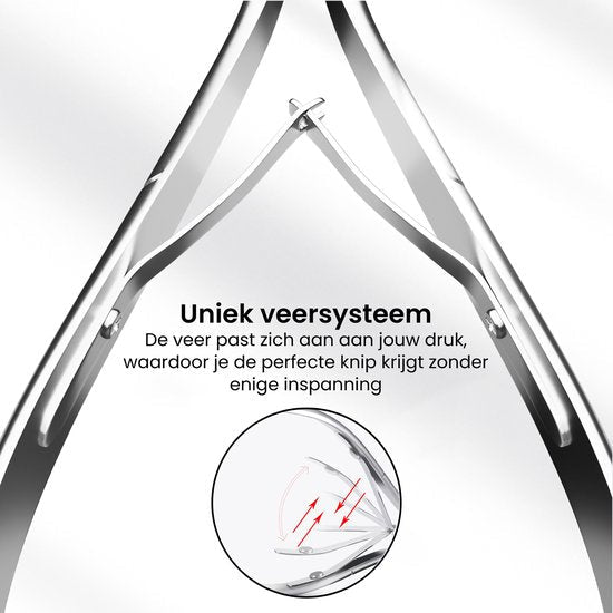 Close-up van metalen knipmechanisme met uniek veersysteem en uitlegtekst in het Nederlands