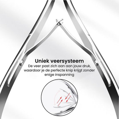 Close-up van metalen knipmechanisme met uniek veersysteem en uitlegtekst in het Nederlands