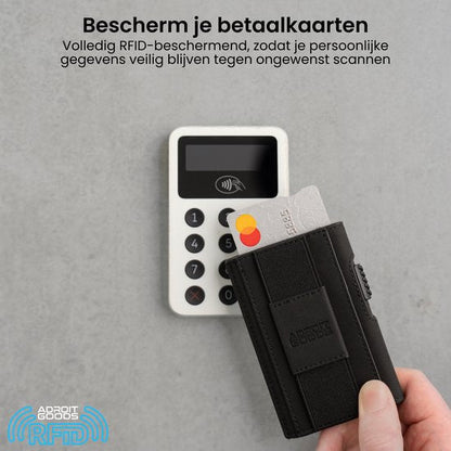 Hand met zwarte RFID-portemonnee houdt betaalkaart voor witte betaalterminal op grijze achtergrond