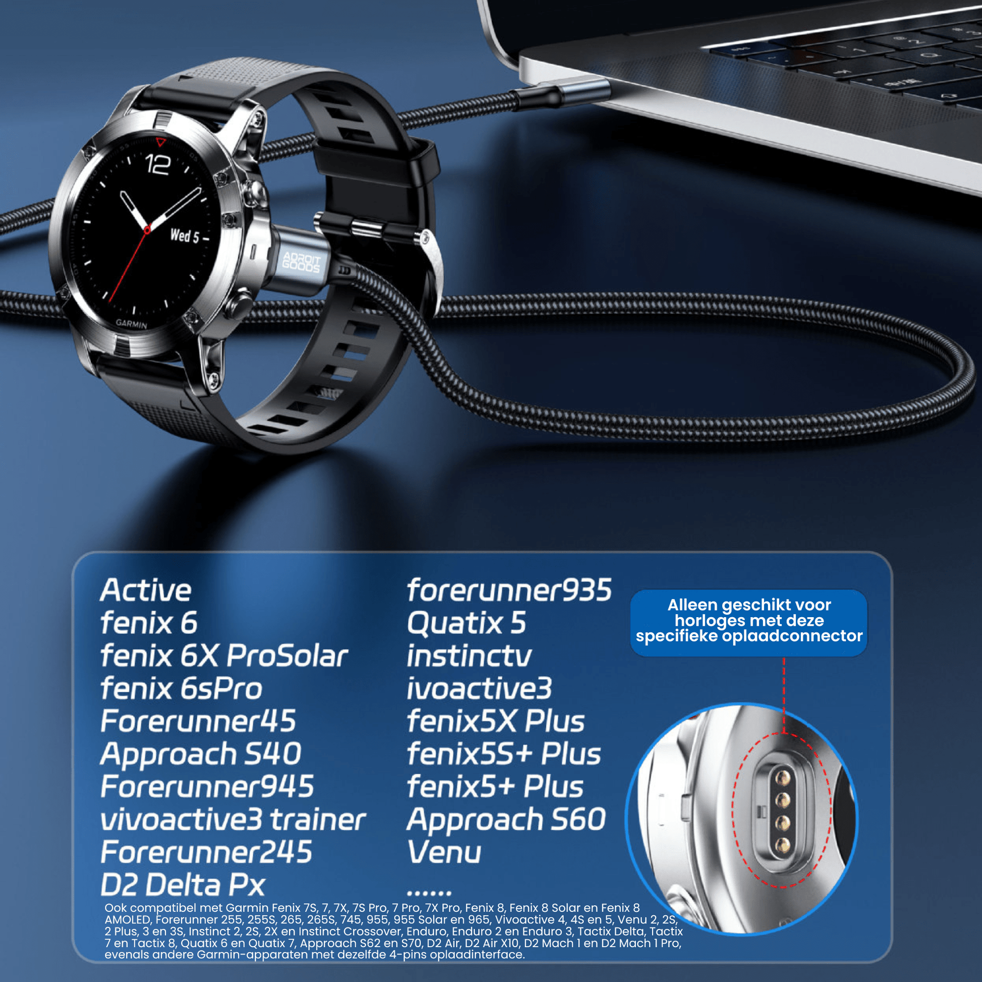 Premium USB-C Oplaadkabel geschikt voor Garmin-horloges - Voor Garmin Forerunner, Fenix, Instinct, EPIX, Venu, Vivomove, Vivosport & Vivoactive - AdroitGoods