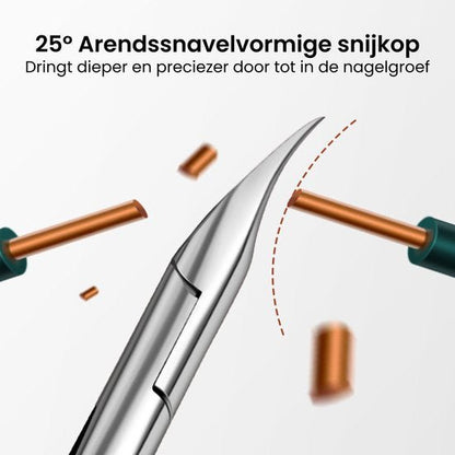 Close-up van een scherp roestvrijstalen snijkop met een 25 graden arendssnavelvorm.