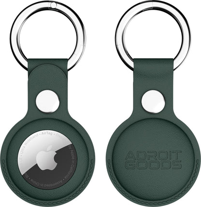 donkergroene leren sleutelhanger met metalen ring en ingebouwde houder voor tracker