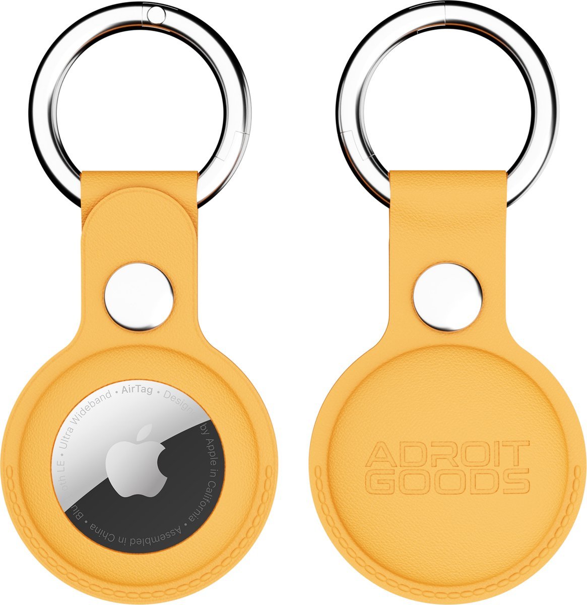 gele leren sleutelhanger met ronde metalen ring en zichtbare Apple AirTag aan de voorkant