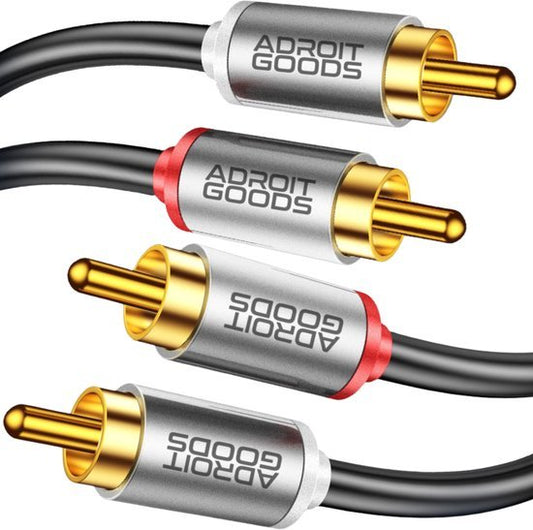 Zwarte kabel met gouden RCA-connectoren en Adroit Goods logo in zilverkleurige behuizing