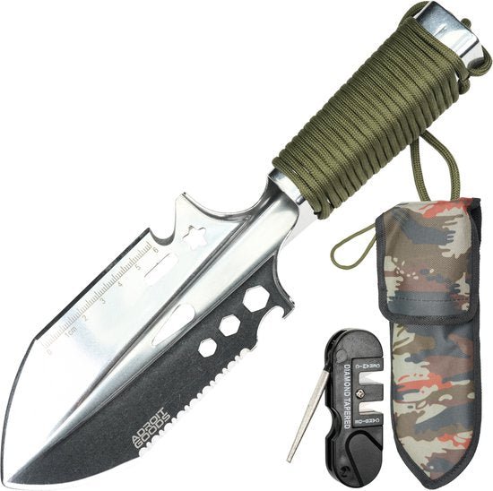 RVS survivalmes met groene handgreep, multifunctioneel en camouflage schede erbij