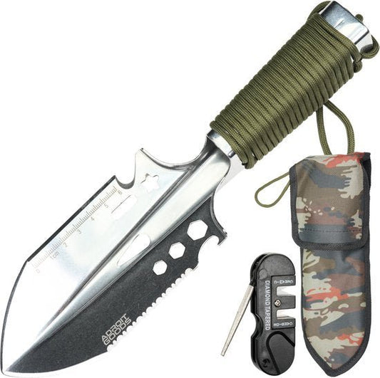 RVS survivalmes met groene handgreep, multifunctioneel en camouflage schede erbij