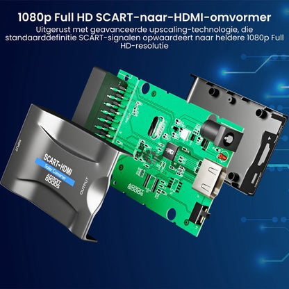 Interne weergave van een SCART-naar-HDMI-omvormer met printplaat en componenten in detail zichtbaar