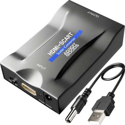 zwarte HDMI naar SCART converter met USB kabel en stroomadapter in professionele uitstraling
