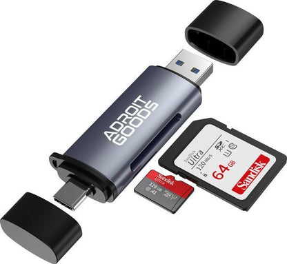 Multifunctionele USB-stick met micro-USB en normale USB-aansluiting plus geheugenkaartenlezer
