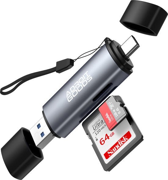 grijze AdroitGoods USB-stick met USB-C en USB-A aansluiting en 64GB SanDisk kaartlezer