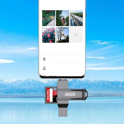 Adapter voor smartphone met SD-kaartlezer en USB-stick, verbonden met scherm in landschap