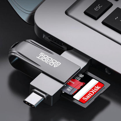 grijze usb-stick met sd-kaartlezer aangesloten op een laptop met zichtbaar SanDisk sd-kaartje